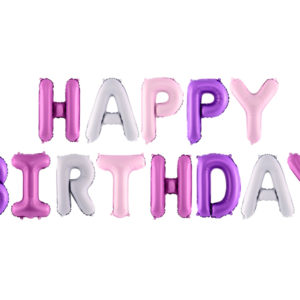 Ballon “Happy Birthday” rose, violet et lilas